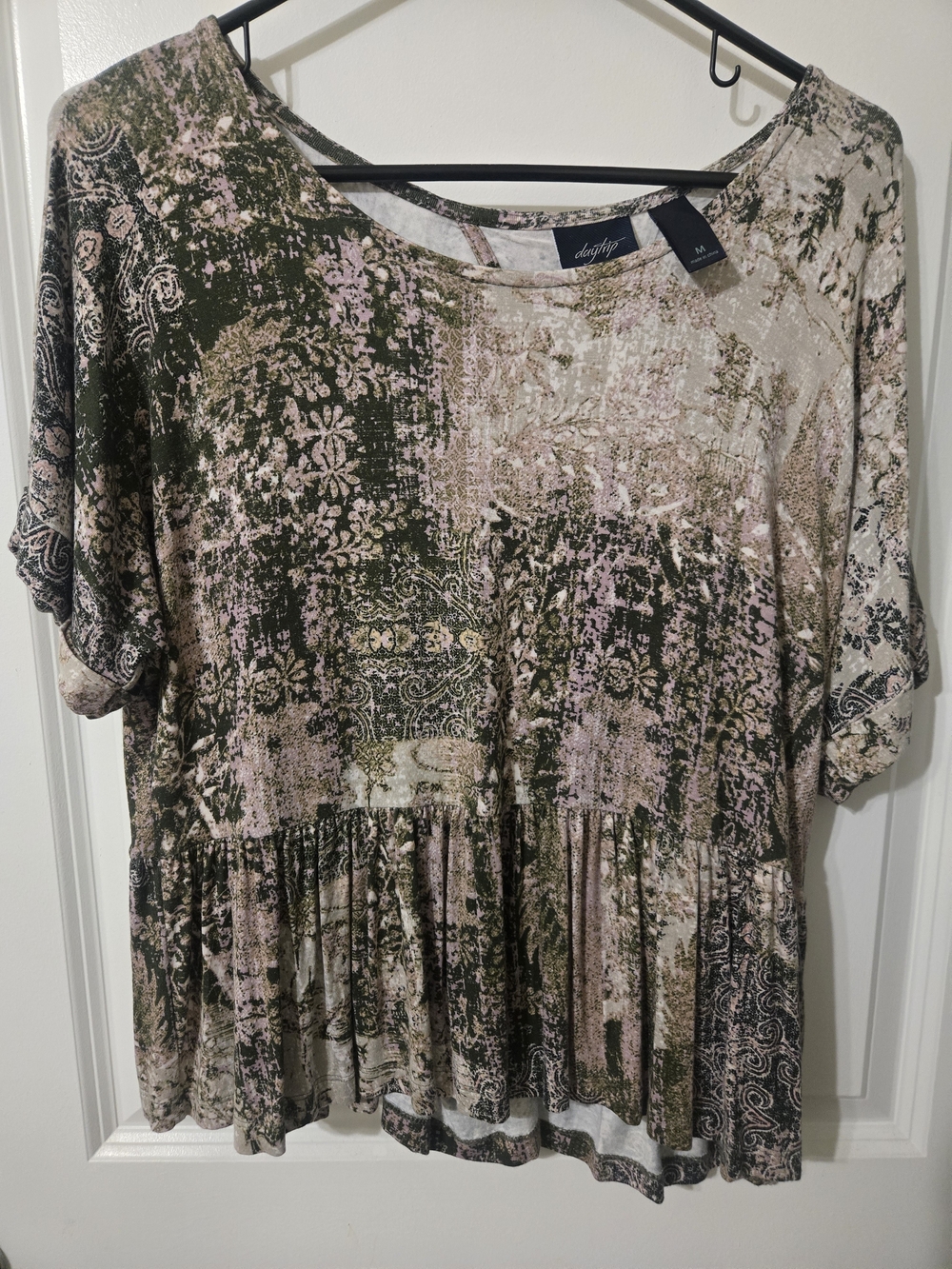 Daytrip Pink & Olive Patterned Peplum Top